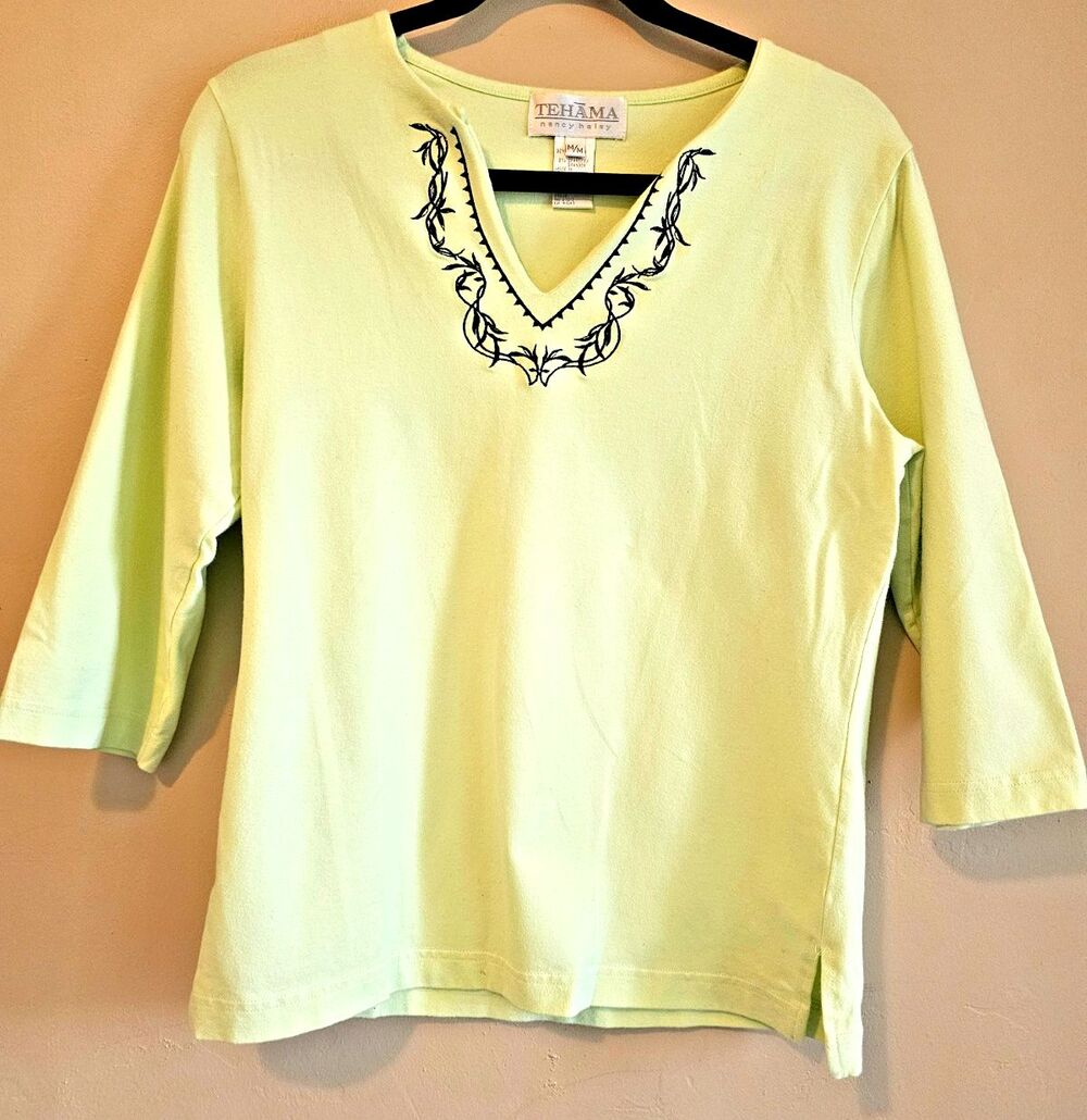 Boho embroidered trim, sz M, 3/4 sleeve shirt,  embroidered southwestern